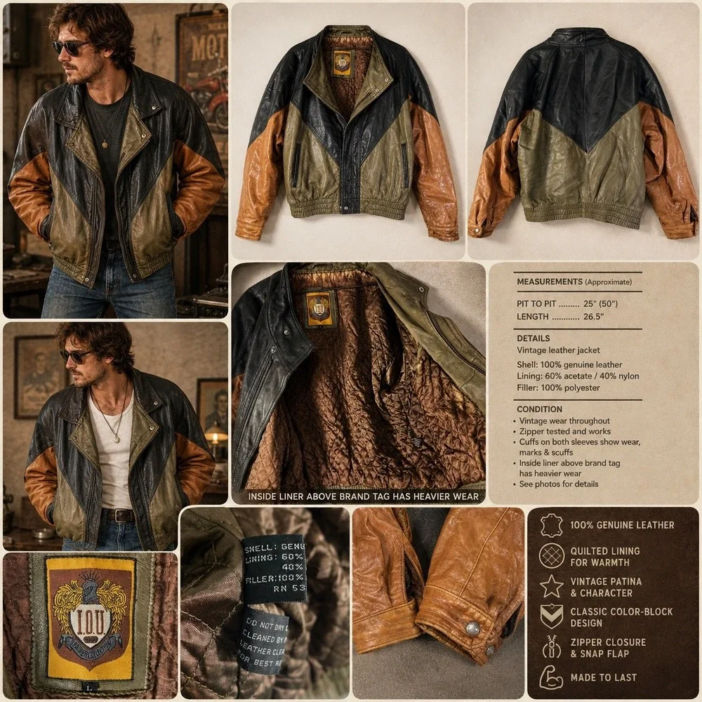 Vintage I.O.U. Leather Collection Jacket Mens M Colorblock Bomber 90s Grunge